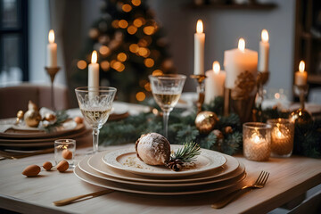 Wonderful Christmas table setting with candles, green ornaments, and bokeh lights in background