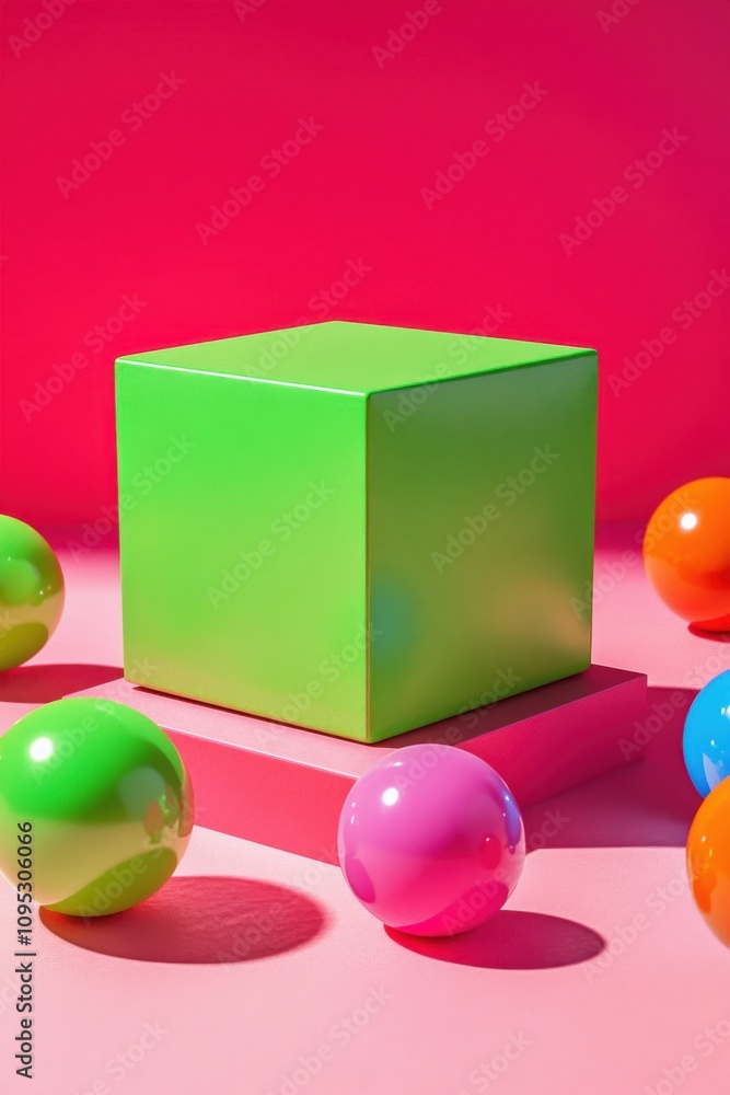 Poster bright and playful 3d render of a green cube surrounded by colorful glossy balls on pink background 