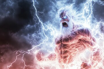 Obraz premium Muscular god, lightning, angry, powerful, storm.