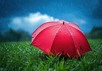 Bright Red Umbrella on Green Grass in Rainy Weather with Dramatic Cloudy Sky and Water Droplets, Capturing Mood of Loneliness and Resilience in the Outdoors