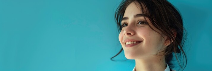 banner, portrait of a young African American woman doctor in a white coat, smiling brunette doctor, blue background, poster, copy space, free space for text
