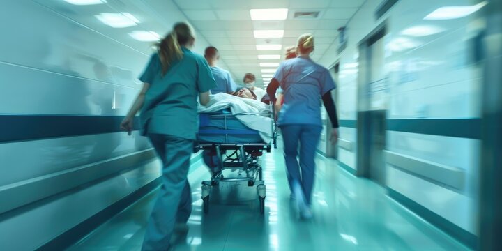 an ambulance crew carries a patient on a gurney, intensive care doctors, uniformed medical personnel transport patients along the hospital corridor - Powered by Adobe