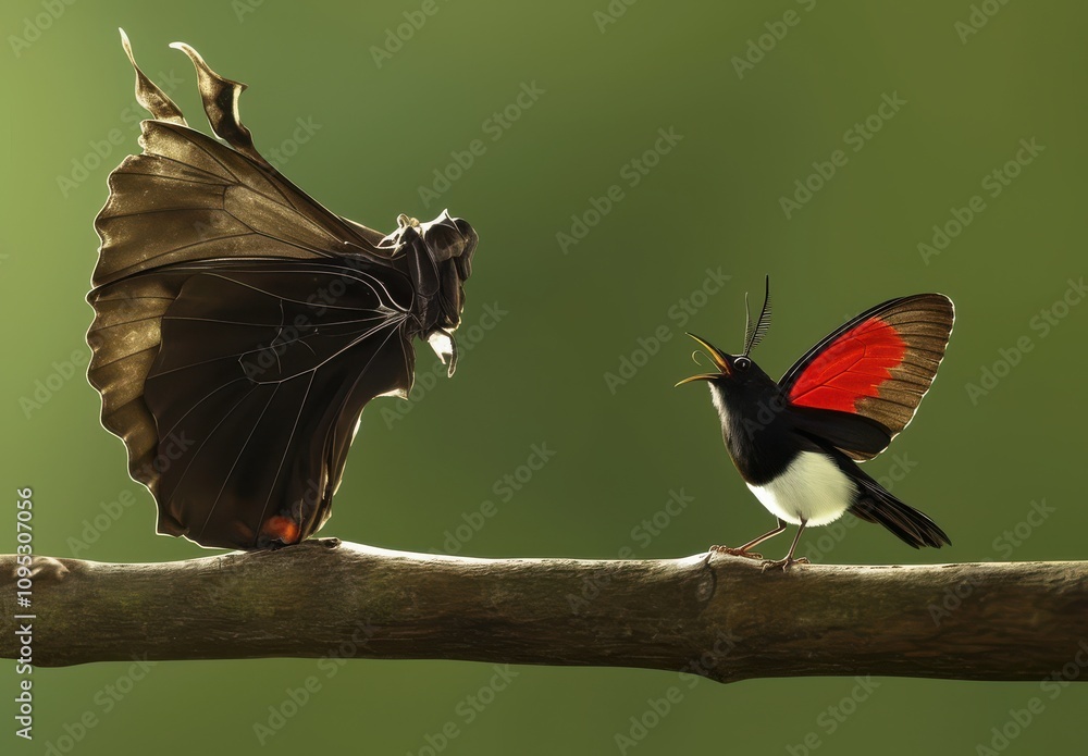 Poster captivating interaction between a striking butterfly and a colorful bird: nature's intriguing displa