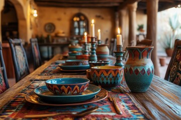 southwest-inspired dining, a stylish dining setup with a southwestern touch a wooden table decorated with colorful ceramics, intricate candle holders, and desert-themed centerpieces
