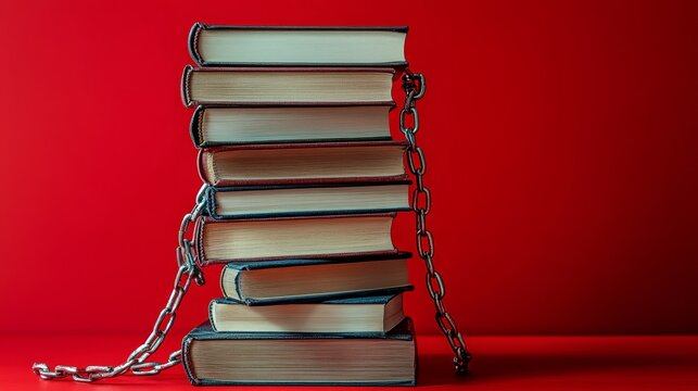 Censorship: Books Bound by Chains - A stack of books chained together symbolizes restricted access to knowledge, freedom of speech,  education,  information control, and intellectual oppression.