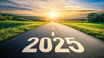 The number "2025" is written on the asphalt road leading into an open field, with the sun rising in the background. The scene features a beautiful sky and lush greenery. 