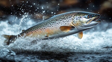 Obraz premium Salmon leaping from river water.