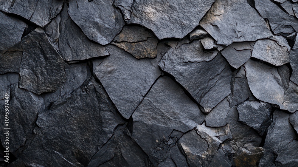 Aufkleber textured black slate stone wall, showcasing an array of cleaved pieces in varying shapes and sizes.