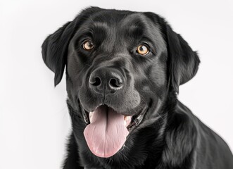Charming Black Labrador Retriever with Bright Eyes and Playful Expression Against White Background, Ideal for Pet-Themed Designs and Marketing Projects