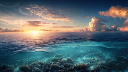 Stunning Split View of Tropical Ocean with Vibrant Coral Reef Underwater Landscape