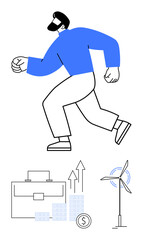 Businessman in motion with blue shirt, accompanied by briefcase, rising graph, coin stack, and wind turbine. Ideal for business growth, finance, environmental sustainability, startups investments