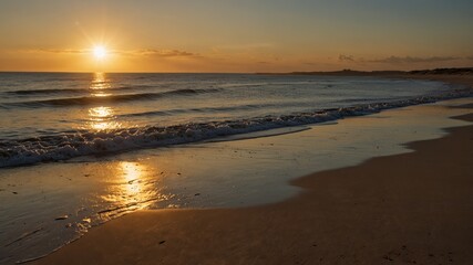 Sunset on a tropical beach. Long shadows on clean sand.