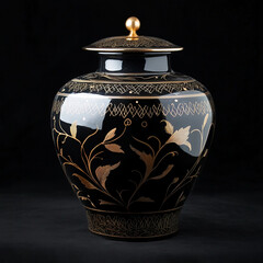 Elegant Black and Gold Urn with Intricate Floral Patterns on Dark Background