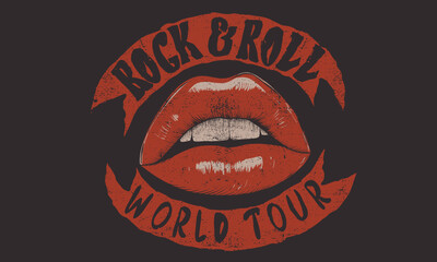 Lips poster design. Kiss vintage design. Rock and roll poster design. Look the lips. Music festival artwork. Music logo design. 