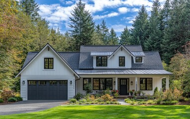 Charming Modern Farmhouse Surrounded by Lush Greenery with Beautiful Landscaping, Inviting Porch, and Expansive Driveway Under a Bright Blue Sky