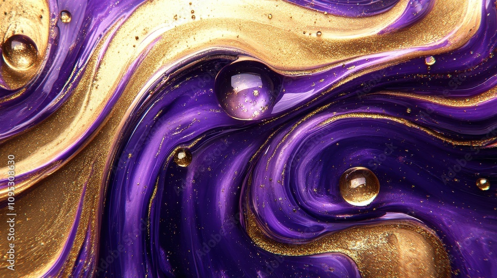 Poster abstract close-up of swirling purple and gold liquid with bubbles, creating a mesmerizing visual eff