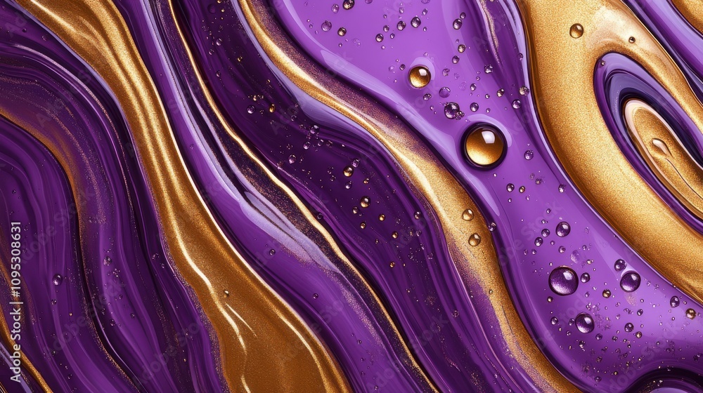 Poster a mesmerizing abstract pattern in rich purple and gold, showcasing flowing lines and shimmering drop