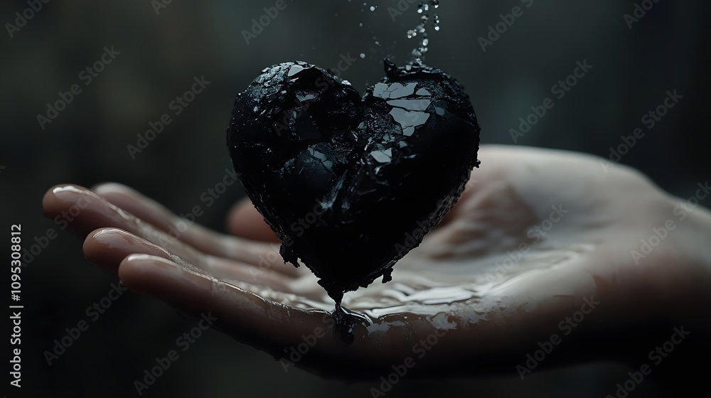 Poster a heart shaped object dripping with liquid in a hand surrounded by water on a dark background, symbo