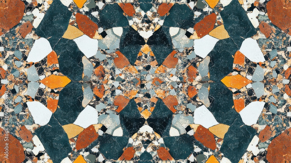 Poster a vibrant and textured abstract mosaic of colorful stones and pebbles, featuring intricate patterns 