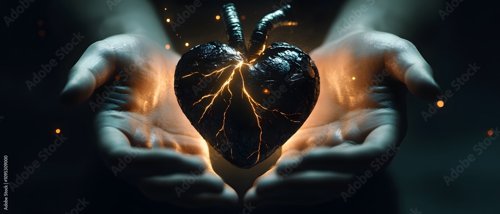 Poster Mysterious Heart Symbolizing Resilience and Power Surrounded by Energetic Light Emitting from Hands of a Person in a Dark Conceptual Environment