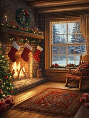 Cozy Christmas Fireplace Scene with Stockings - Festive Christmas scene, fireplace, stockings, Christmas tree, winter window. Warm, cozy, holiday spirit.