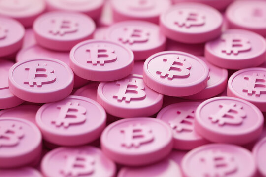 Pile of pink toy crypto coins, bitcoin monye stock, finance, saving