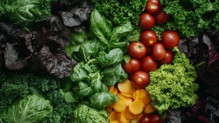 A vibrant assortment of fresh greens and ripe tomatoes