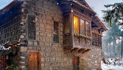 Button house model special buildings made of stone and tar wood. Geography-specific and earthquake-resistant architecture.
