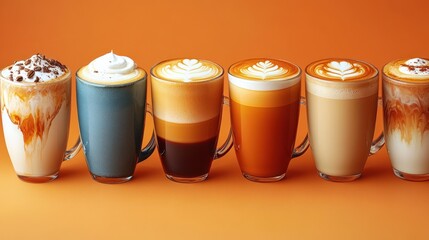 Seven assorted coffee drinks in clear glasses.
