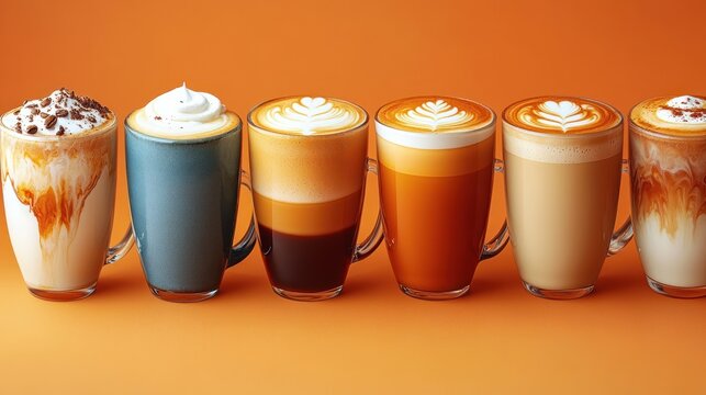 Seven assorted coffee drinks in clear glasses.