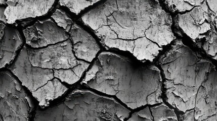Close-up of a textured, cracked surface in grayscale, showcasing the intricate patterns of dry, weathered earth.