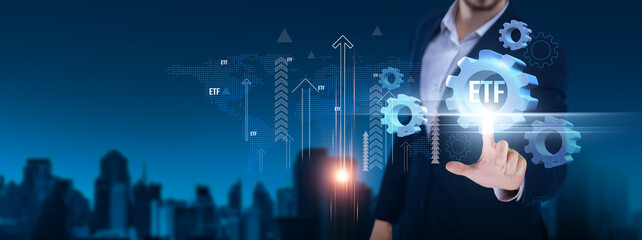ETF: Diversification, investment strategy, liquidity, risk management, asset allocation, market exposure, trading flexibility, performance. Businessman hand holds ETF and network on digital interface.