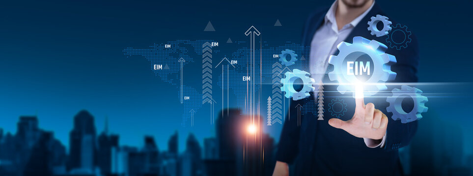 EIM (Enterprise Information Management): analytics, compliance, workflow automation, collaboration, data security, integration. Businessman hand hold EIM and network on digital interface.