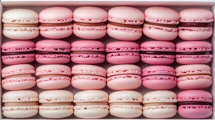 Obraz premium Elegant arrangement of pink and white macarons showcasing a gradient design in a beautiful display box, food background mockup, mock up, template, empty, for text, place, copyspace, copy space