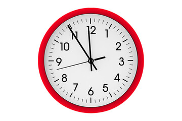 Red watch, wall clock 11 hours 45 minutes on isolated or white background close up
