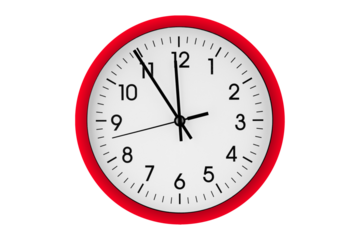Red watch, wall clock 11 hours 45 minutes on isolated or white background close up