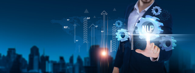 Natural Language Processing (NLP): sentiment analysis, speech recognition, language translation, AI integration, automation. Businessman hand holds NLP and network on digital interface.