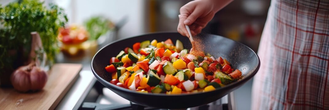 Delicious Colorful Vegetable Stir-fry - A chef expertly seasons a vibrant mix of vegetables in a wok, symbolizing healthy eating, culinary skill, fresh ingredients, vibrant colors, and delicious flavo