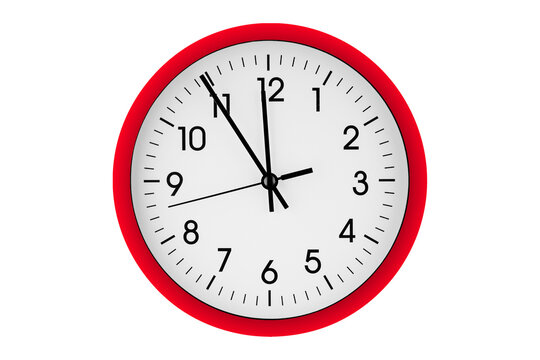 Red watch, wall clock 11 hours 45 minutes on isolated or white background close up