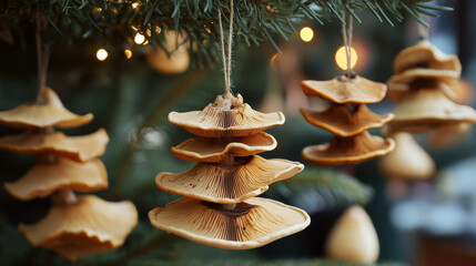 Mushroom-shaped ornaments hang from a tree, illuminated by soft lights. Concept of festive and natural holiday decor. For seasonal decoration ideas
