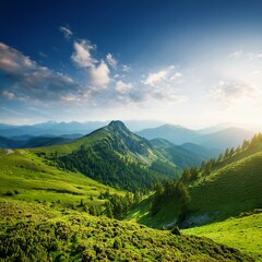 Obraz premium Green Field Beautiful Mount Sky and River Background AI Image