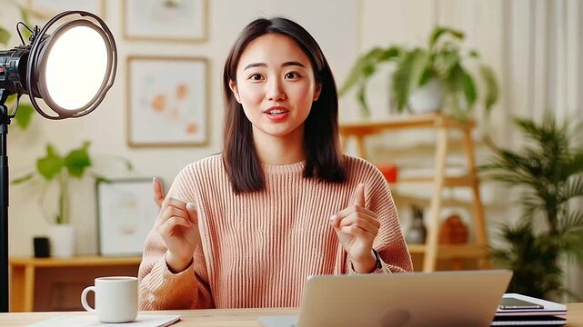 Young Asian Blogger in Home Studio Creating Content