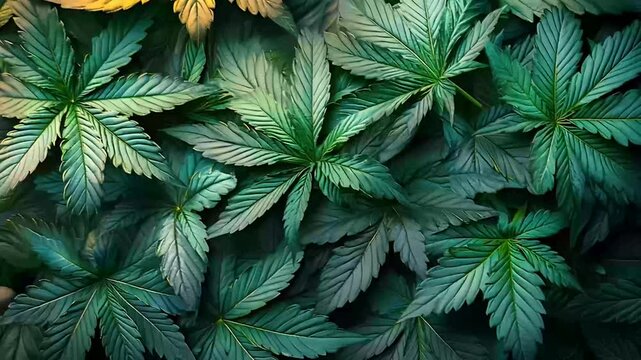 Close-up view of green cannabis leaves forming a dense pattern background