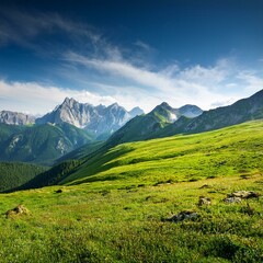 Fototapeta premium Green Field Beautiful Mount Sky and River Background AI Image
