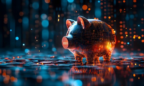 Future Investment, Coins falling into a piggy bank with a futuristic background or digital overlay