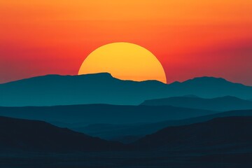 Fiery Sunset Over Majestic Mountains - Vibrant sunset, large sun, silhouettes of mountains, peaceful landscape, fiery colors. Evokes tranquility, warmth, and nature's beauty.