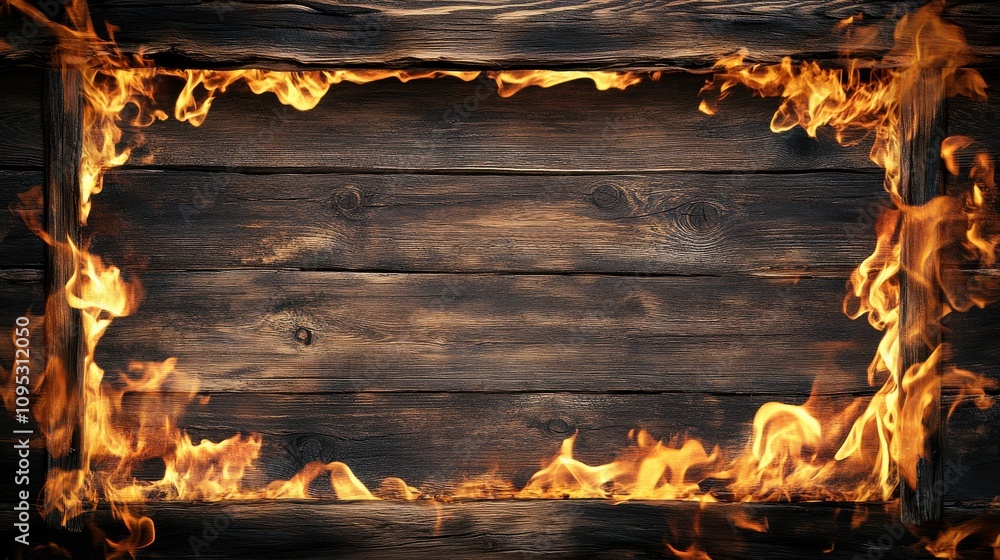 Poster a fiery frame of flames engulfing rustic wooden planks, creating a dynamic and warm atmosphere.