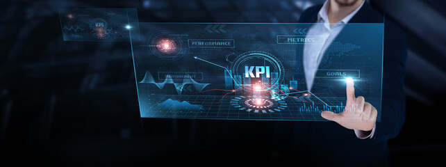 KPI: Performance metrics, growth targets, business objectives, efficiency, data analysis, goal tracking, success indicators. Businessman analyzing KPI progress chart on digital interface.