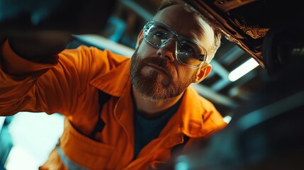 Focused Mechanic Inspecting Vehicle Undercarriage - A dedicated mechanic, wearing an orange jumpsuit and safety glasses, meticulously examines a vehicle's undercarriage, showcasing expertise, precisio