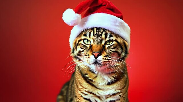 Cat wearing a Santa hat is staring at the camera. The cat is wearing a red hat and is sitting on a red background